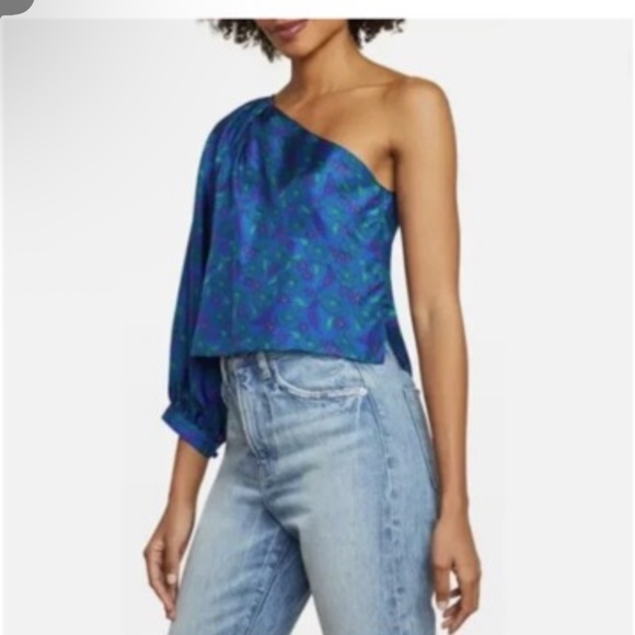 Veronica Beard Blue Floral Silk One-Shoulder Top & Tiered Maxi Skirt Set - Picture 2 of 8